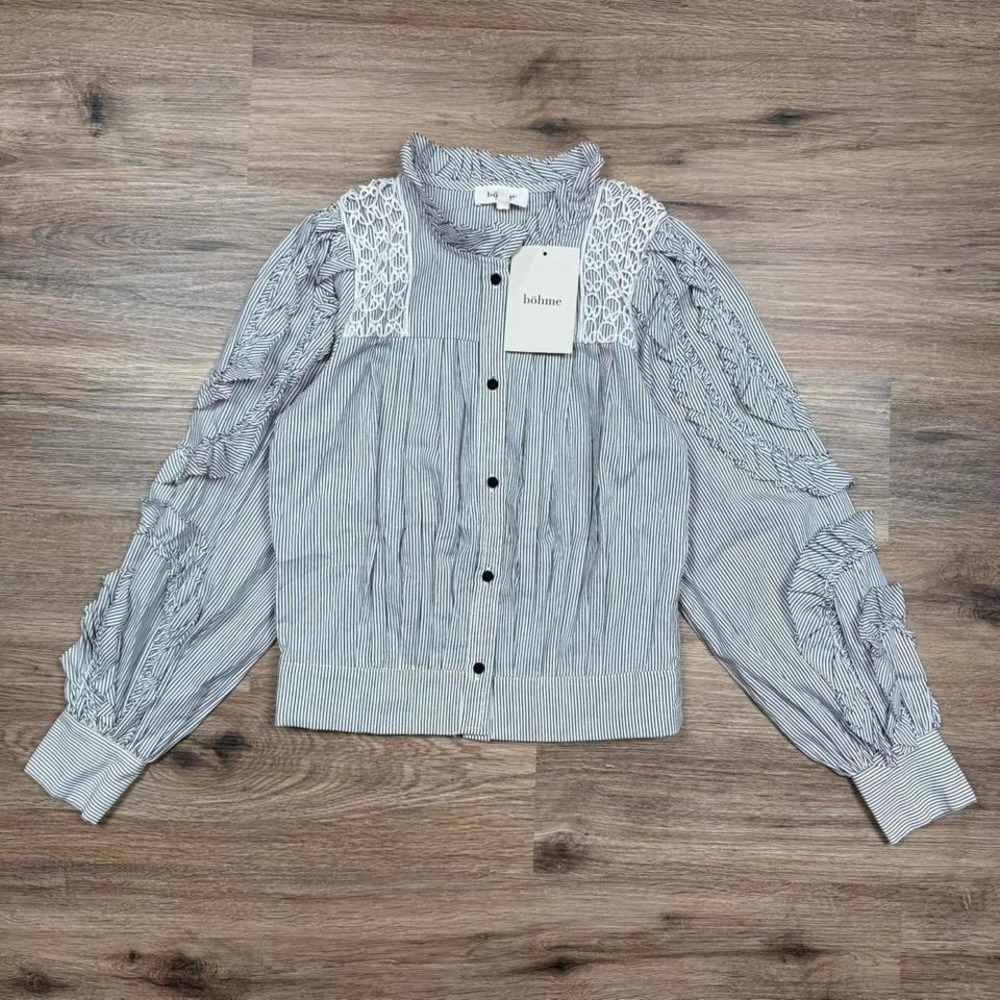 bohme White and Navy Striped Lace-Shoulder  Button Front Blouse